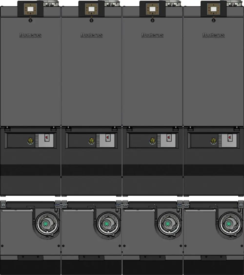 Bosch Installationszubehör zur Montage eines Heizsystems, bestehend aus mehreren vertikal angeordneten Einheiten, die für eine Kaskade konzipiert sind.